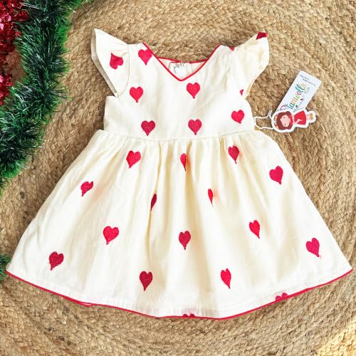 Image of Stanwells Kids Dress for Girls Heart Embroidery Pattern Knee Length Applique Kerala Ethnic Cotton Frock for Baby Girls Zipper Cap Sleeve Dress for Girls Cream & Red (6 Months - 7 Years)