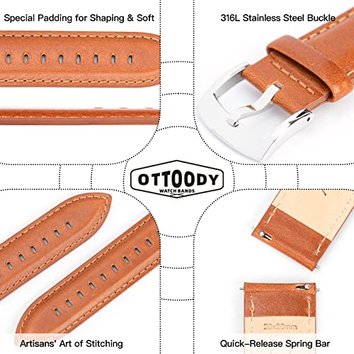 Image of OTTOODY Leather Watch Bands Quick Release, Elegant Top Grain Leather Watch Straps for Men & Women, Choice of Color & Width - 18mm, 19mm, 20mm, 21mm or 22mm Wristbands Bracelet for Watch & Smartwatch