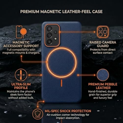 Image of amazon basics Luxury MagSafe Compatible Leather Texture Back Cover for Samsung Galaxy A73 5G | Raised Camera Protection | Slim Fit Shockproof Case with Metallic Accents (Dark Blue)