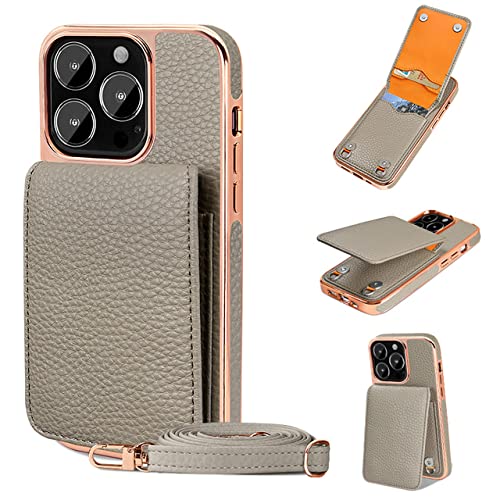Étui en cuir iPhone 14 Pro Max gris avec fente carte et support premium chic