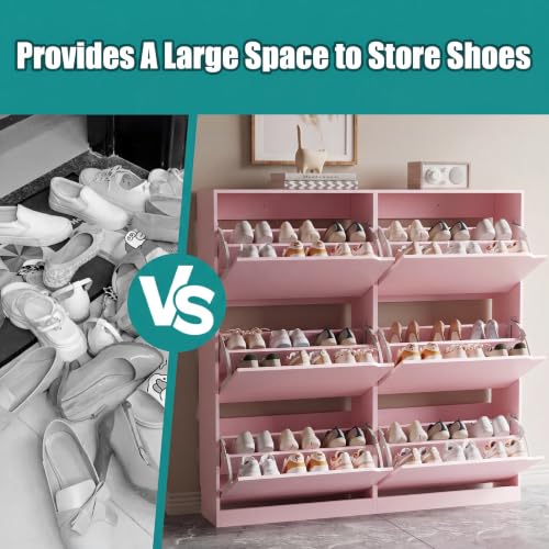 Image of Xixini Shoe Storage Cabinet for Entryway with 6 Flip Drawers, Sturdy Wood Hidden Shoe Storage, Freestanding Narrow Slim Shoe Organizer for Front Door Entrance, Living Room, Hallway, Bedroom, Pink