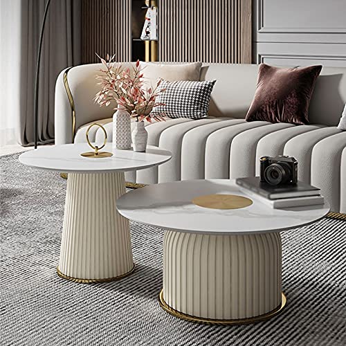 2 Stück Couchtisch-Kombination, modern, einfach, Wohnzimmer, Schlafzimmer, Wohnung, hoch und niedrig, rund, gesinterter Stein, Couchtisch, Beige – Bild 8