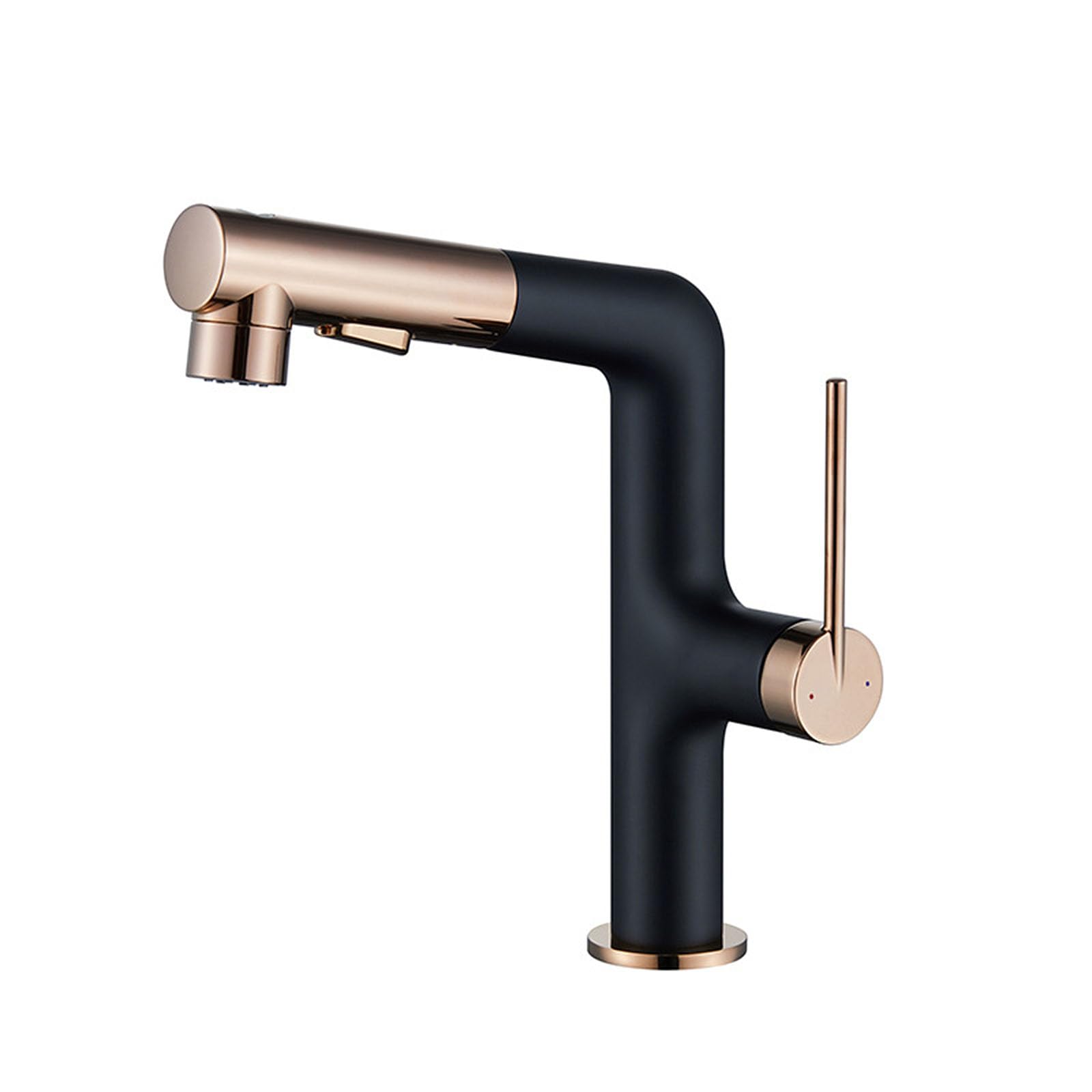 Csxsxauo Black + Rose Gold Pull Out Sprayer Bathroom Faucet - Single Handle Copper Vessel Sink For Hot And Cold Water