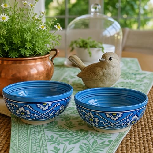 Image of KITTENS Handcrafted Blue Ceramic Snack Bowl Set of 2 - Handpainted Floral Art | Microwave & Dishwasher Safe | 500ml | Ideal for Pasta, Maggi, Cereal, Salad & Daily Use - Made in India
