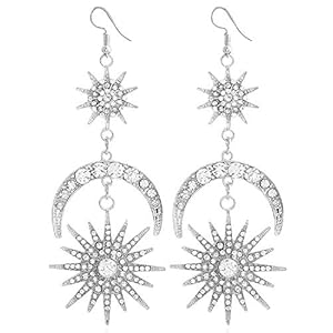 KaFu Exaggerated Luxury Sun Moon Stars Drop Earrings Rhinestone Punk Earrings for Women Jewelry Golden Boho Vintage Statement Earrings