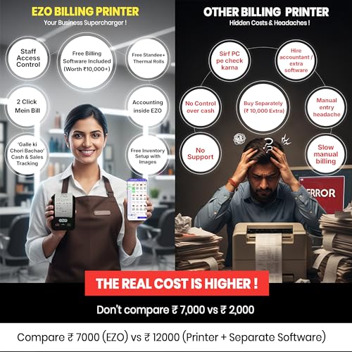 Image of EZO 58mm 2 Inch Printer + Software Subscription Direct Thermal Billing Machine with USB & Bluetooth Connectivity and Rechargeable Battery, Includes 5 Rolls & QR Review Standy (60 Months Software)