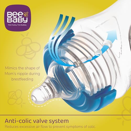 Image of BeeBaby Ease Wide Neck Colour Feeding Bottle 300 ml | BPA Free Easy Latching Baby Milk Bottle for Newborns & Infants | Soft Silicone Anti-Colic Nipple Fast Flow (8 Months +) |Blue, Pack of 2