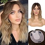 Hair Toppers for Women with Thinning Hair 14 Inch Ombre Blonde Wavy Toppers Pieces for Women 6 * 6 Inch Large Base Synthetic with Bangs Clip In Toppers