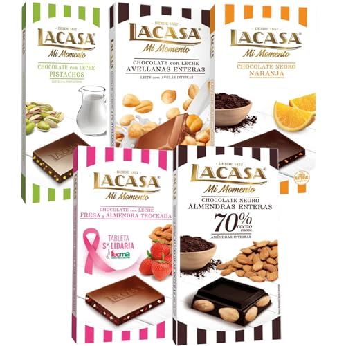 Lacasa pack 5 tabletas de chocolate:leche avellanas, naranja chocolate negro,leche pistacho 90g, leche fresa y almendra, almendra 200g