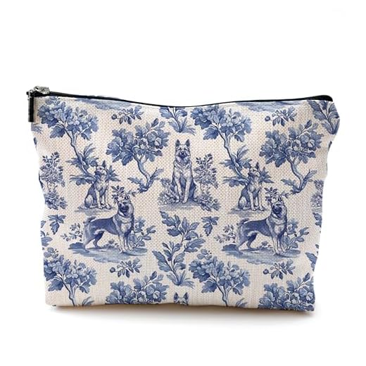 QGFM Chinoiserie Norwegian Elkhound Makeup Bag, Dog Lovers Gifts Cosmetic Bags for Women, Dogs Mom Gifts for Women, Grandmillennial Blue and White Botanical Dog Zipper Makeup Pouch