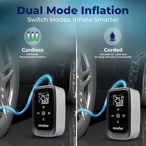 Image of Woscher i23 Cordless, 4500 mAh Battery & 12V USB Port Portable Tyre Inflator for Car & Bike with 150 PSI | Digital Display, Auto Shutoff | Air Pump Compressor for Car Tyre, Bikes, Bicycles, Balls