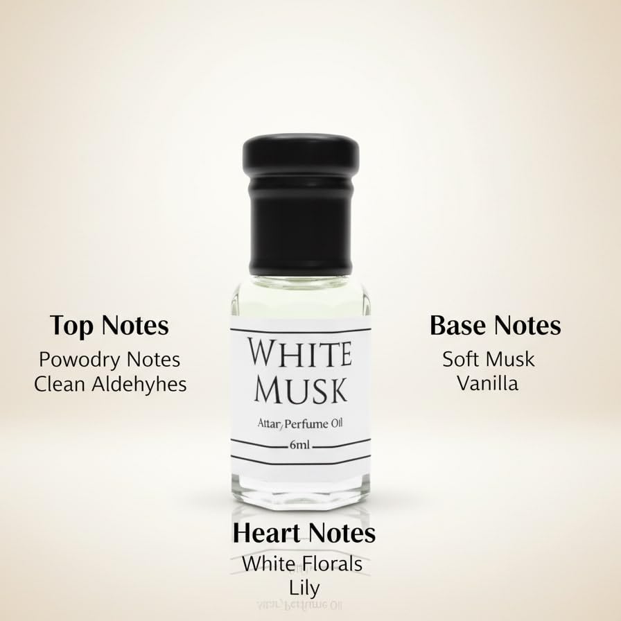 Image of White Musk Attar Perfume Oil 6ml Roll-On | Non Alcoholic Musk Fragrance for Men & Women | Long Lasting Natural Perfume Oil | Soft Powdery Floral Scent | Pocket Roll-On Gift Attar