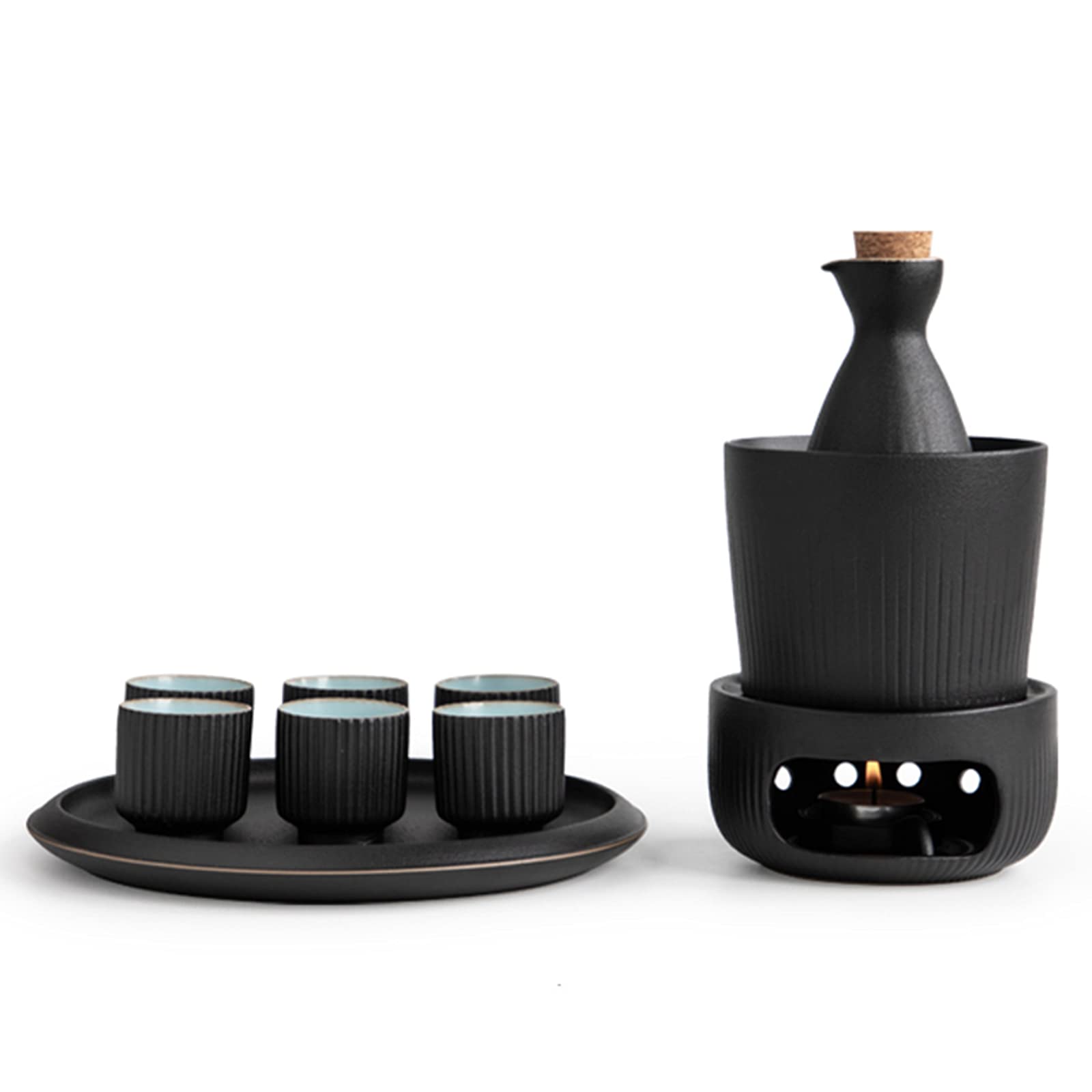 Set per sake in ceramica, set per sake con scaldino, set tradizionale per saka caldo da 8 pezzi, inclusa 1 tazza riscaldante, 1 pentola per sake, 4 tazze per sake, 1 base e 1 vassoio, fornello a