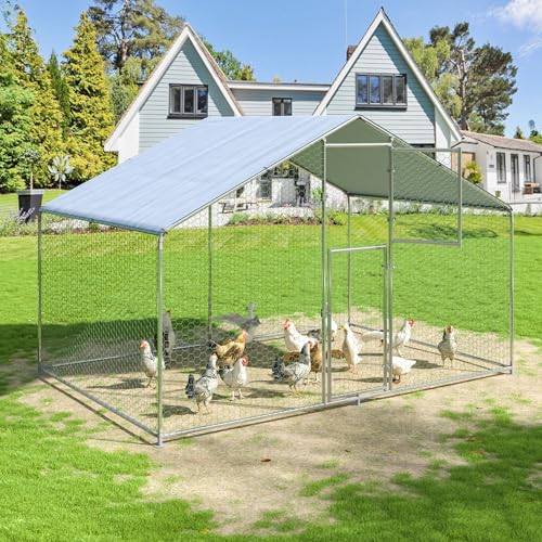 Polar Aurora Metal Chicken Coop Large Outdoor Chicken Pen Walk-in Chicken Run for 6-20 Chickens Double Door Chicken House with Waterproof UV Protection Cover for Backyard (Spire-S)