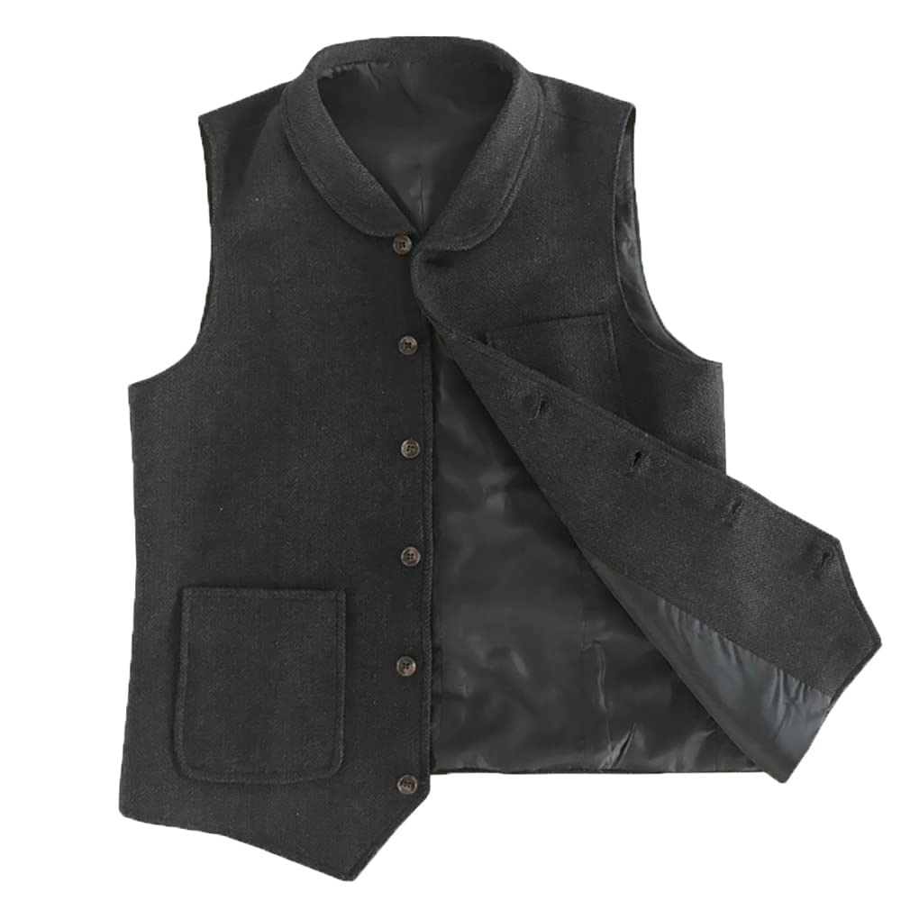 Solovedress Mens Vintage Suit Vest Wool Collar Tweed Waistcoat for Wedding Groomsmen(Black,XS)