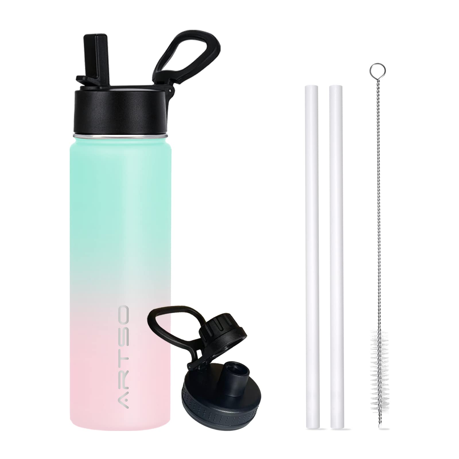 ARTSO 24oz Stainless Steel Insulated Water Bottle with Straw & Two Lids,Double Walled Vacuum Insulated Leak Proof Hot Cold Water Bottles, Green/Pink Gradient