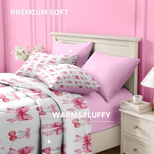 Image of Nesker Bow Comforter Set Queen Size, 7 Pieces Bed in a Bag, Pink Cherry Bow Bedding Set for Girls, Ribbon Bowknot Comforter Set with 2 Pillowcase & 2 Sham