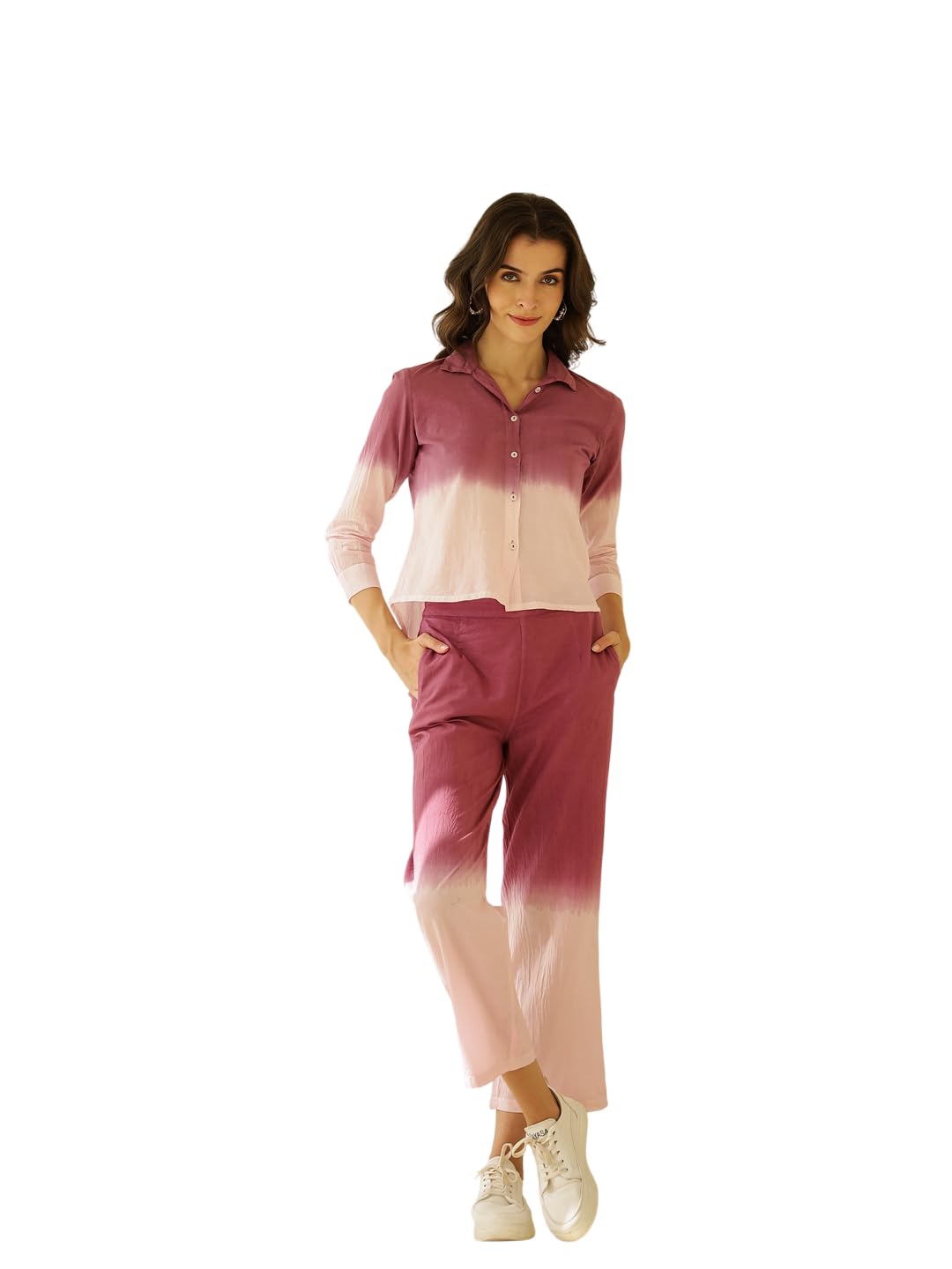 Women's Premium Fabric Tie-Dye Ombre Night Suit Set | Stylish Button-Down Shirt with Straight-Leg Pants Loungewear | Soft, Breathable & Comfortable Everyday Casual Suit Set for Women-image-28