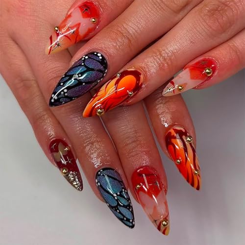 Long Almond Press on Nails Butterfly Sunset Dusk Art Designs Fall Fake Nails with Gold Bead Star Design Reusable Full cover Stick on False Nail Set for Women 24 Pcs