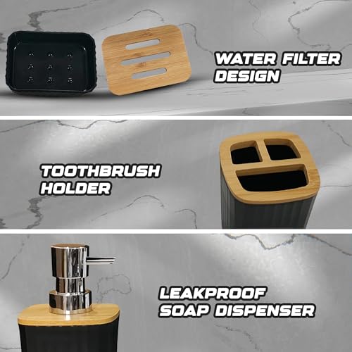 Image of iBELL 6-Piece Bathroom Accessories Set - Soap Dispenser, Toothbrush Holder, Mouthwash Cup, Toilet Brush with Holder, Dustbin and Soap Dish, Black Textured Finish IBL 06-B6