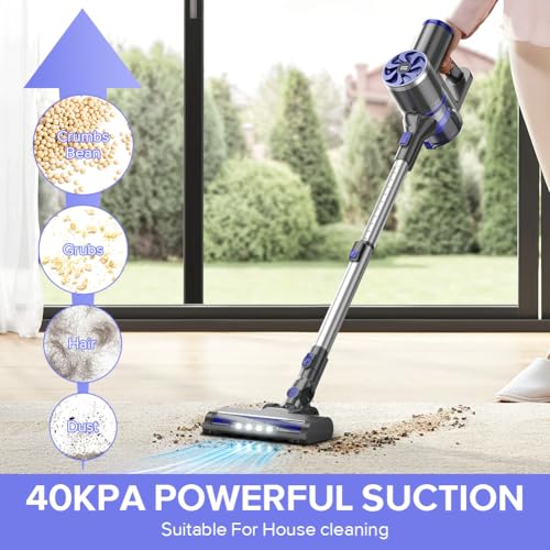 Image of Cordless Vacuum Cleaner, Self-Standing, 40Kpa Powerful Suction Stick Vacuum with Smart LED Display, 40Min Long Runtime Brushless Motor, Lightweight Vacuum for Hardwood Floor Carpet Pet Hair (Blue)