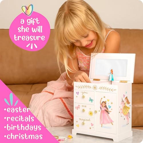 Giggle & Honey Princess Musical Jewelry Box for Girls - Kids Music Box with Drawers, Fairytale Gifts for Girls Birthday, Princess Jewelry Boxes for Ages 3-10 - 9 x 5 x 9.3 in, White2