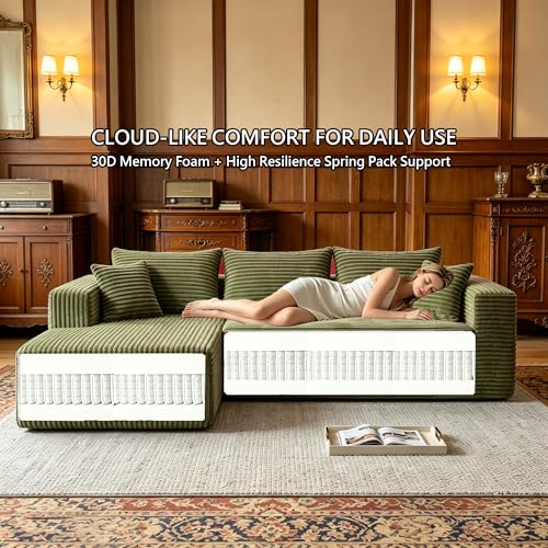 Image of 93 inch Boneless Couch, Modular Sectional Sofa for Living Room- Olive Green