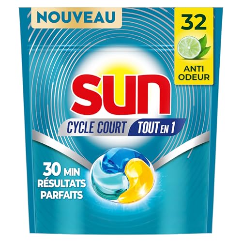 Sun - Capsules Cycle Court Dès 30 Minutes Tout en 1 - Tablettes Lave-Vaisselle Anti-Odeur - Nettoyage Parfait Sans Résidu - Parfum Citron Vert, Thé Vert -...