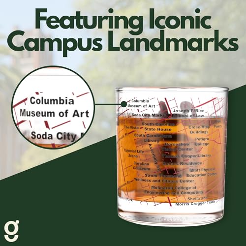 Image of Greenline Goods University of South Carolina Gamecocks Whiskey Glasses Set of 2, 10 oz Rocks Glasses with Full-Color Logo & Campus Map - Officially Licensed Bourbon Glass Gift for Alumni & Fans