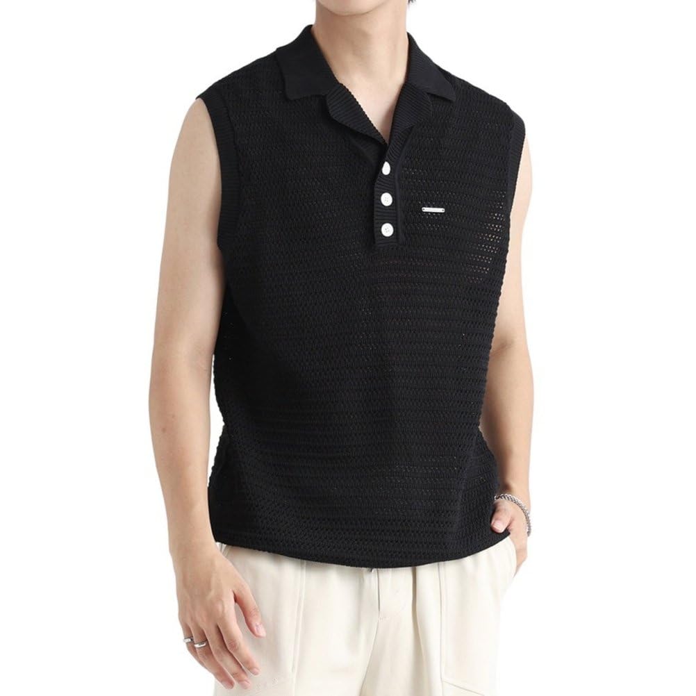 Męskie koszulki bez rękawów Hollow Out Knit Kołnierzyk polo Lekkie koszulki na co dzień