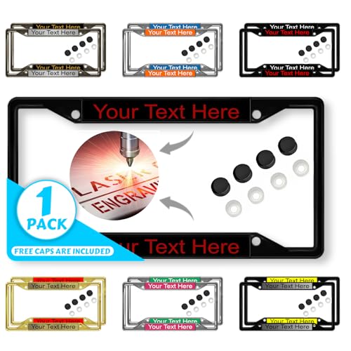 Image of Personalized with Custom Text Design - 4 Hole Black Metal Laser Engraved US Standard Size - Car License Plate Frame with Free caps - Black /Red Text (Qty: 1 Frame)
