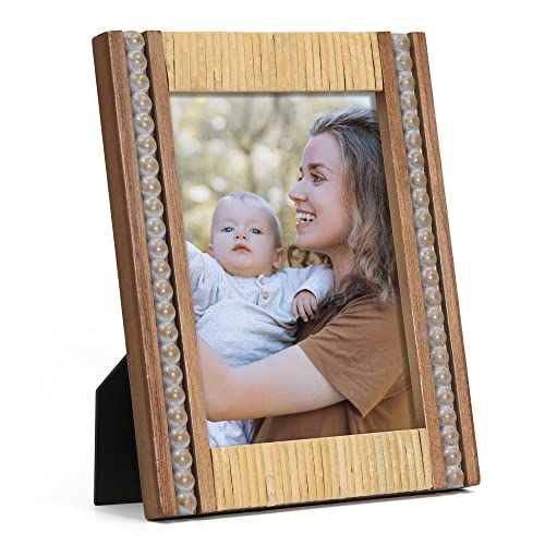 Takfot Wooden Picture Frames 5X7 Bamboo Rattan Picture Frame With Wood Bead & Real Glass, Rustic Frames Wall & Tabletop Display Photo, Gifts For Mom Grandma Family Friends Couple, Natural Brown #TOP17