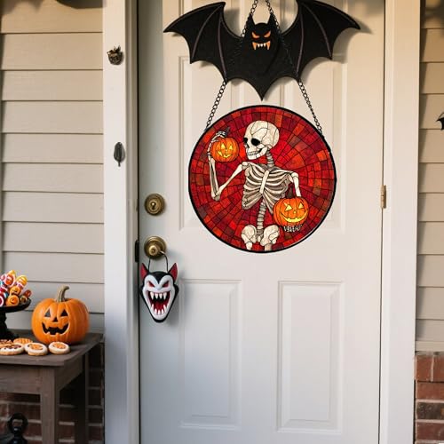 Image of Stained Glass Window Hanging - Halloween Decorations Skeleton Pumpkin Suncatcher for Doors Garden Indoor Spooky Funny Sun Catchers Gothic Decor Horror Gifts for Women Men Friend 7.8 in