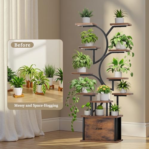 Image of Plant Stand Indoor with Grow Lights - 11 Tiered Plant Shelf with Drawer, 65 inch Corner Plant Stands for Indoor Plants, Plant Stand for Multiple Plant, Flower Display Rack for Home, Living Room, Patio