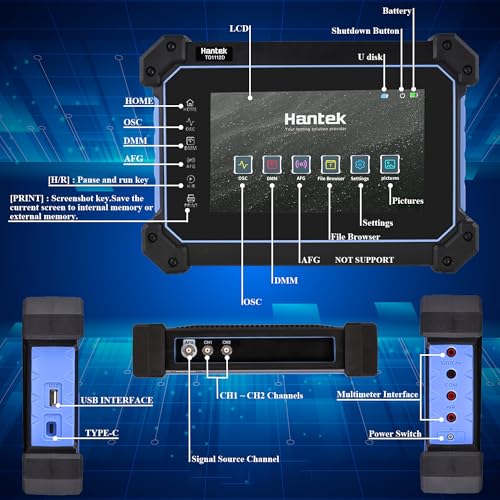 Image of Hantek Tablet Oscilloscope 2CH Digital Storage Oscilloscope Built-in Waveform Generator and Multimeter with 7 inch TFT Touch Screen(TO1112D /110MHz)