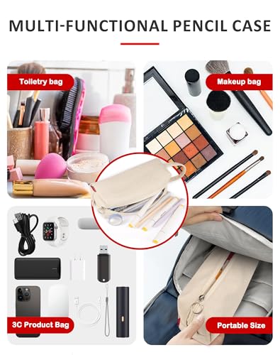 Image of Fmeida Pencil Case Pouch - Water Resistant Pencil Pouch Portable Pencil Bag Simple Office Supplies Stationery Pouch with Handle - Retro Beige