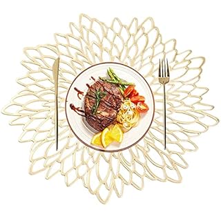 BIPASION Gold Round Placemats for Dining Table Set of 6, Pressed Vinyl Metallic Table Mats Washable Non-Slip Place Mats for Kitchen Table Decor Wedding Accent Centerpiece（15 inch Gold Leaf）