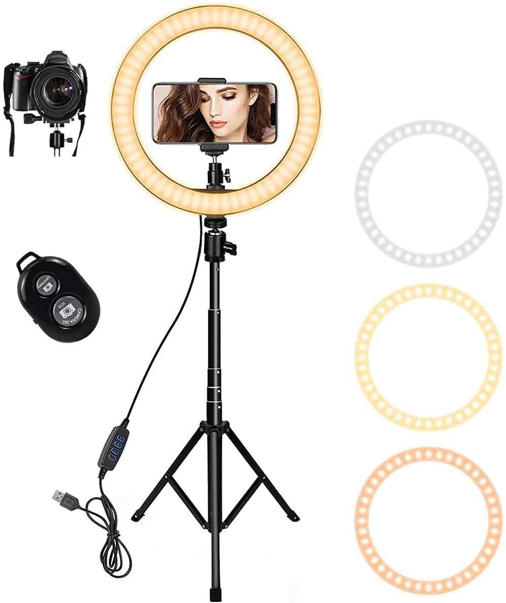 Anillo de luz con trípode y Soporte para teléfono, luz Circular LED Regulable de 10.2 Pulgadas con 3 Modos y 10 de Brillo, Control Remoto Bluetooth para Selfie, Maquillaje, Youtube, Video