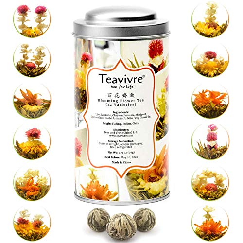 Teavivre 12pcs Handmade Blooming Flower Tea, Assorted Flowering Green Tea Ball - Tin
