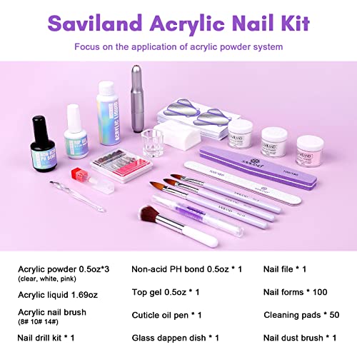 Image of SAVILAND Acrylic Nail Kit with Drill: Professional 0.5Oz Clear /White /Pink Acrylic Powder and 50ml Liquid Set with Drill Nail Brush Forms Tool Extension Set for Beginners with Everything Home DIY Salon