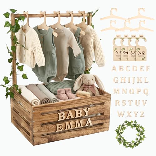 Image of Wooden Baby Shower Crate Closet & Basket with Hanger Rack - Customizable Gift Basket with 2x Alphabet Letter Sets, Hangers, Dividers, Ivy Garland,Nursery Decor Girls Boys(Rustic Burnt Wood)