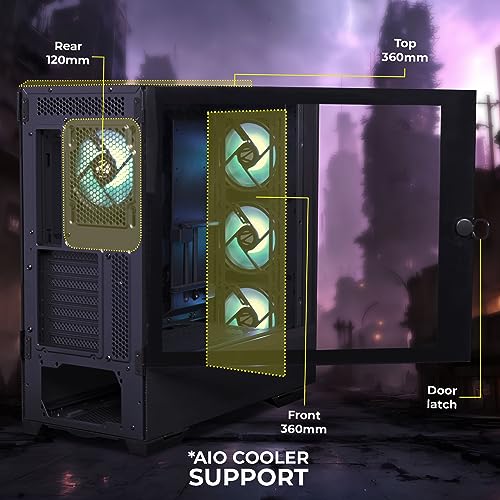 Image of ZEBRONICS TITAN Full-Tower Premium Gaming Cabinet, ATX, 4 x ARGB Fan, LED Control Switch, Window Tempered Glass Panel, Type C, USB 3.0, 360mm Front /Top AIO Cooler support with Top & Bottom Dust Filter