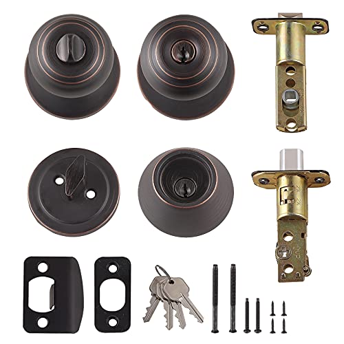 Image of Amazon Basics Keyed Alike Exterior Knob with Key Lock and Deadbolt, Classic, Oil Rubbed Bronze, Set of 2