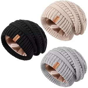 Paquete de 3 gorros con forro de satén para mujer, cálidos sombreros de invierno holgados con forro de seda, gorro de punto trenzado de gran tamaño a la moda
