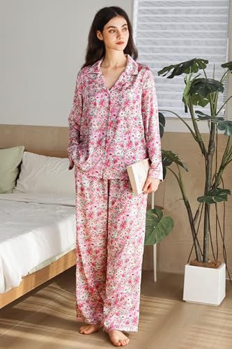 Image of YiNi LuLu Womens Silk Satin Pajamas Set Button Down 2 Piece Pjs Long Sleeve Oversized Sleepwear with Pockets