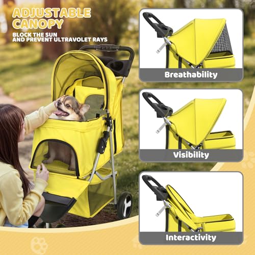Image of Magshion 3-Wheel Pet Stroller, Foldable Travel Jogger for Small & Medium Dogs & Cats (Up to 33lbs), Lightweight Carrier with Breathable Mesh Cover, Cup Holder & Storage Basket, Yellow