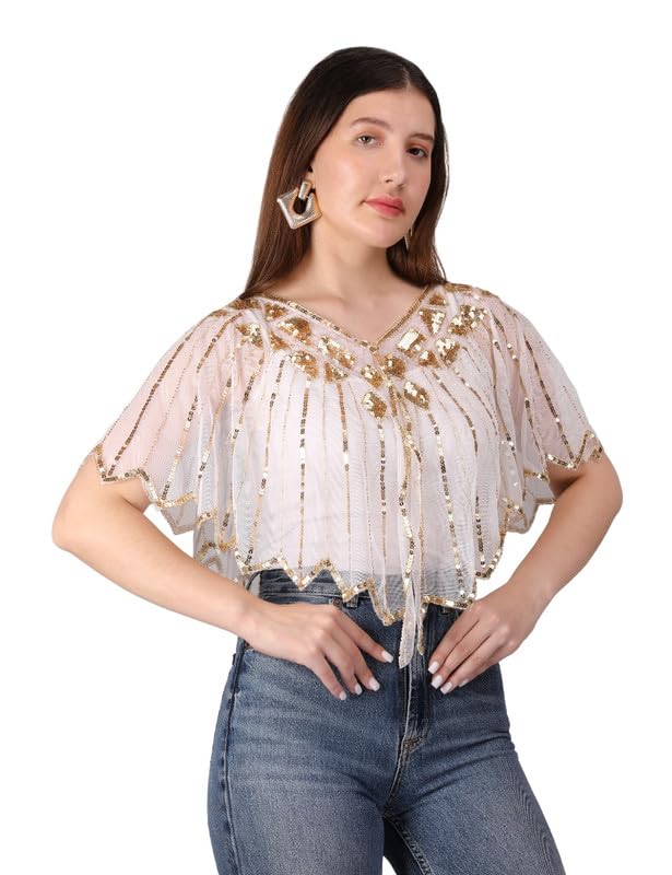 Ali Fashion Women Hand Beaded Embellished V-Neck Poncho Cape for Women, Floral Pattern Loose Capelets Dress shoulder, Beachwear Ponchos Capes (Gold White)-image-22