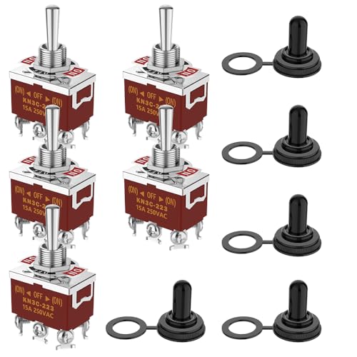 Momentary Toggle Switch MecRecare 6 Pin DPDT (ON)-Off-(ON) 30A 12VDC/15A 250VAC 3 Way Heavy Duty Waterproof Toggle Switch with Boot Cap Cover for Auto Boat Marine (Pack of 5)