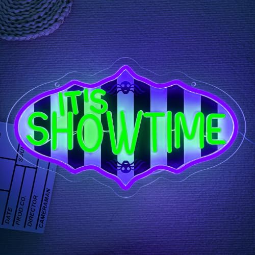Image of It'S Showtime Neon Sign Halloween Horror Movie Neon Light LED Spooky Gothic Wall Decor USB Powered, for Home Theater Halloween Party Spooky Theme Movie Lounge Stage Bar(16.1 * 9.4 In)