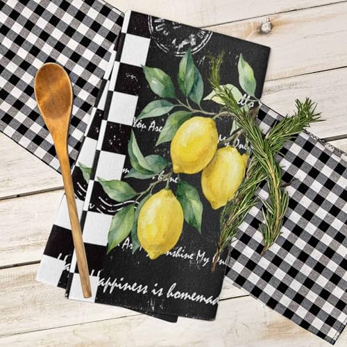 Image of Kitchen Towels Yellow Lemon Dish Cloths Black White Buffalo Check Plaid Dish Towel Cleaning Cloth Ultra Soft Absorbent Quick Drying 3 Pack Hand Towels for Kitchen, Bathroom